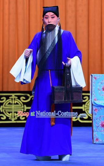 Yu Bei Pavilion Chinese Peking Opera Elderly Scholar Garment Costumes and Headwear Beijing Opera Laosheng Blue Robe Apparels Clothing