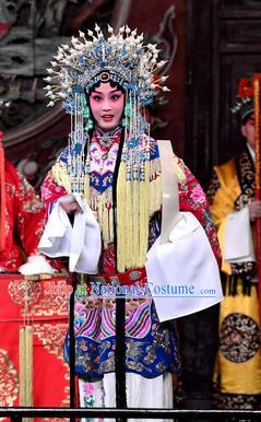 Chinese Beijing Opera Princess Daizhan Apparels Costumes and Headdress Hong Zong Lie Ma Traditional Peking Opera Hua Tan Dress Garment