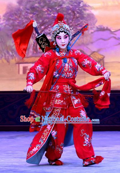 Chinese Beijing Opera Swordswoman Red Apparels Costumes and Headdress Sister Thirteen Traditional Peking Opera Hua Tan Dress He Yufeng Garment