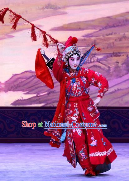 Chinese Beijing Opera Swordswoman Red Apparels Costumes and Headdress Sister Thirteen Traditional Peking Opera Hua Tan Dress He Yufeng Garment