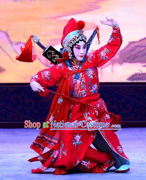 Chinese Beijing Opera Swordswoman Red Apparels Costumes and Headdress Sister Thirteen Traditional Peking Opera Hua Tan Dress He Yufeng Garment