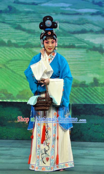 Chinese Beijing Opera Country Girl Xi Shi Apparels Costumes and Headdress Traditional Peking Opera Actress Blue Dress Garment