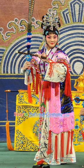 Chinese Beijing Opera Swordswoman Xi Shi Apparels Costumes and Headdress Traditional Peking Opera Actress Pink Dress Garment