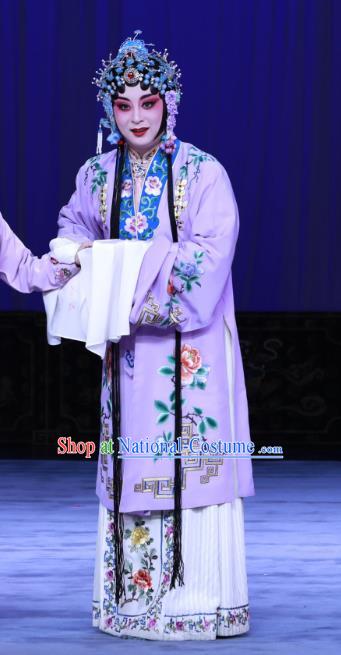 Chinese Beijing Opera Diva Purple Apparels Costumes and Headdress The Unicorn Purse Traditional Peking Opera Hua Tan Han Xiangling Dress Actress Garment