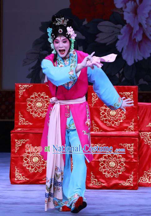 Chinese Beijing Opera Young Lady Apparels Costumes and Headdress The Unicorn Purse Traditional Peking Opera Servant Girl Mei Xiang Dress Garment