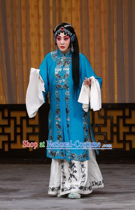 Chinese Beijing Opera Distress Woman Apparels Costumes and Headdress The Mirror of Fortune Traditional Peking Opera Tsing Yi Blue Dress Garment