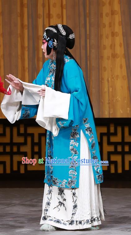 Chinese Beijing Opera Distress Woman Apparels Costumes and Headdress The Mirror of Fortune Traditional Peking Opera Tsing Yi Blue Dress Garment