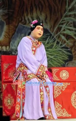 Chinese Beijing Opera Elderly Woman Apparels Costumes and Headdress The Mirror of Fortune Traditional Peking Opera Dame Purple Dress Garment