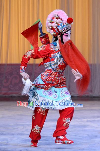 Chinese Beijing Opera Swordswoman Red Apparels Costumes and Headpieces Xin An Yi Traditional Peking Opera Martial Female Luo Yan Dress Garment