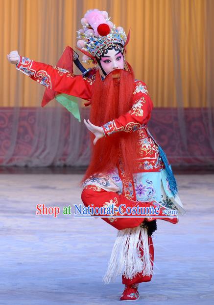 Chinese Beijing Opera Swordswoman Red Apparels Costumes and Headpieces Xin An Yi Traditional Peking Opera Martial Female Luo Yan Dress Garment