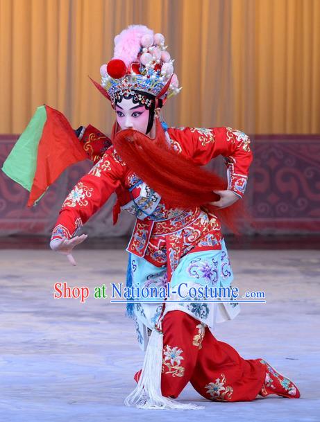 Chinese Beijing Opera Swordswoman Red Apparels Costumes and Headpieces Xin An Yi Traditional Peking Opera Martial Female Luo Yan Dress Garment