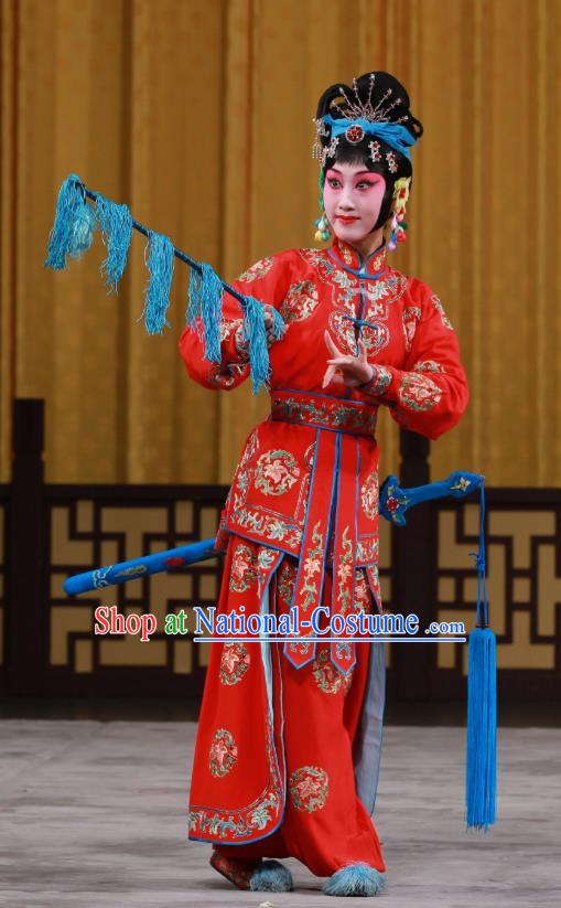 Chinese Beijing Opera Wu Dan Red Apparels Costumes and Headdress Traditional Peking Opera Princess Shuangyang Dress Martial Female Garment