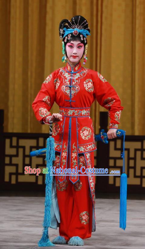 Chinese Beijing Opera Wu Dan Red Apparels Costumes and Headdress Traditional Peking Opera Princess Shuangyang Dress Martial Female Garment