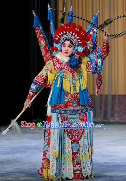 Chinese Beijing Opera Wudan Kao Armor Suit with Flags Zhang Yue E Apparels Costumes and Headdress Hong Tao Shan Traditional Peking Opera General Dress Garment