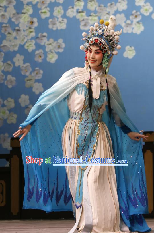 Chinese Beijing Opera Diva Goddess Ling Bo Apparels Costumes and Headdress Hongqiao with the Pearl Traditional Peking Opera Hua Tan White Dress Actress Garment