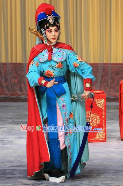 Chinese Beijing Opera Swordswoman Apparels Costumes and Headdress Kirin Pavilion Traditional Peking Opera Martial Female Blue Dress Diva Garment