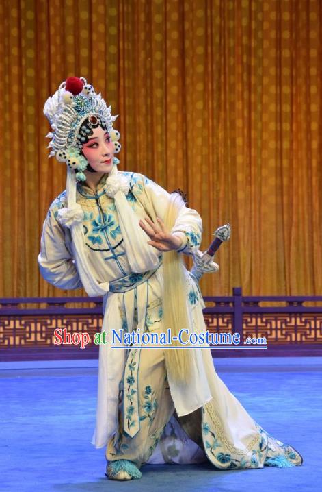 Chinese Jin Opera Martial Female Garment Costumes and Headdress Madam White Snake Traditional Shanxi Opera Swordswoman Dress Actress Bai Suzhen Apparels