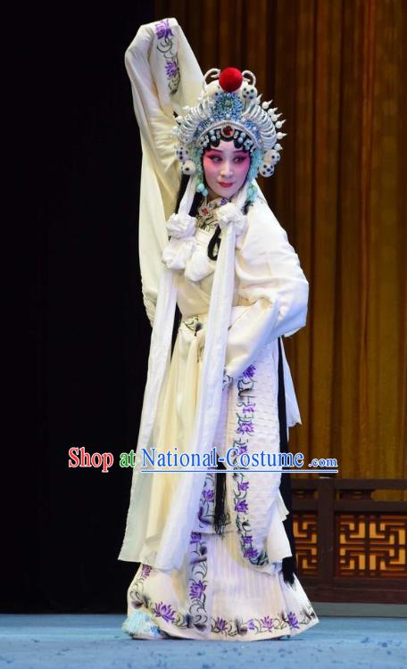 Chinese Jin Opera Martial Female Garment Costumes and Headdress Madam White Snake Traditional Shanxi Opera Actress Dress Swordswoman Bai Suzhen Apparels