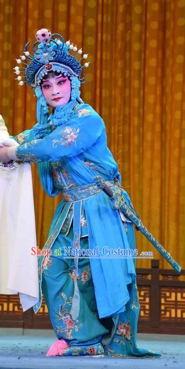 Chinese Jin Opera Martial Woman Garment Costumes and Headdress Madam White Snake Traditional Shanxi Opera Actress Dress Female Swordsman Xiao Qing Blue Apparels