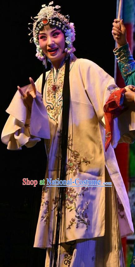 Chinese Jin Opera Young Woman Garment Costumes and Headdress Madam White Snake Traditional Shanxi Opera Actress Dress Mistress Bai Suzhen Apparels