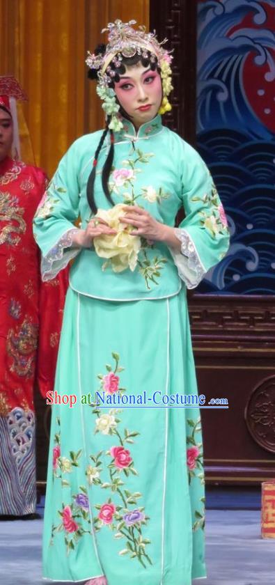 Chinese Hebei Clapper Opera Hua Tan Han Yujie Garment Costumes and Headdress The Story of Jade Bracelet Traditional Bangzi Opera Actress Green Dress Diva Apparels