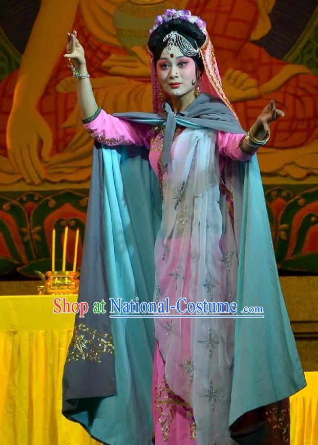 Chinese Hebei Clapper Opera Princess Garment Costumes and Headdress The Legend of Tenjiku Traditional Bangzi Opera Hua Tan Dress Noble Female Apparels