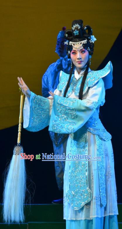 Chinese Hebei Clapper Opera Goddess Garment Costumes and Headdress The Legend of Tenjiku Traditional Bangzi Opera Actress Blue Dress Princess Apparels