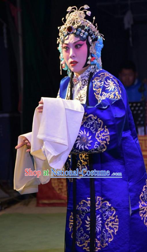 Chinese Jin Opera Young Mistress Garment Costumes and Headdress The Lotus Lantern Traditional Shanxi Opera Goddess Apparels Diva Blue Dress