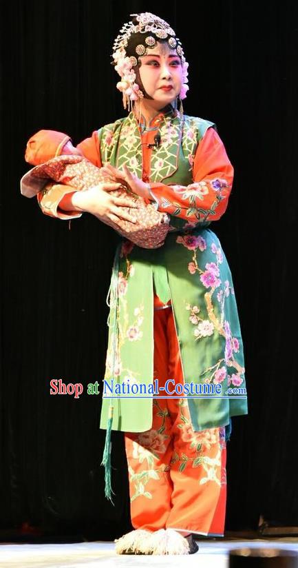 Chinese Jin Opera Maidservant Shou Chun Garment Costumes and Headdress Shi Zi Jing Feng Traditional Shanxi Opera Young Lady Apparels Xiaodan Dress