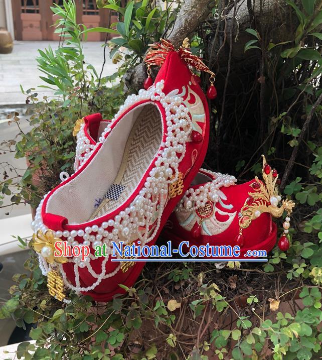 Chinese Traditional Wedding Red Embroidered Shoes Cloth Shoes Hanfu Shoes Ancient Princess Pearls Bow Shoes for Women