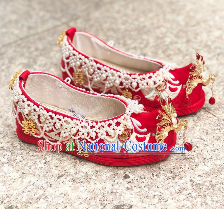 Chinese Traditional Wedding Red Embroidered Shoes Cloth Shoes Hanfu Shoes Ancient Princess Pearls Bow Shoes for Women