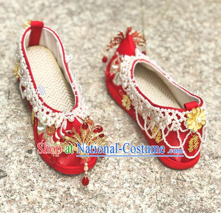 Chinese Traditional Wedding Red Embroidered Shoes Cloth Shoes Hanfu Shoes Ancient Princess Pearls Bow Shoes for Women