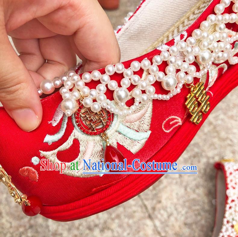 Chinese Traditional Wedding Red Embroidered Shoes Cloth Shoes Hanfu Shoes Ancient Princess Pearls Bow Shoes for Women