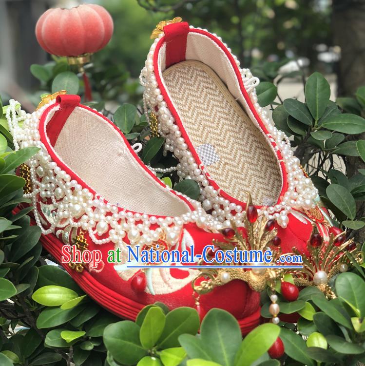 Chinese Traditional Wedding Red Embroidered Shoes Cloth Shoes Hanfu Shoes Ancient Princess Pearls Bow Shoes for Women