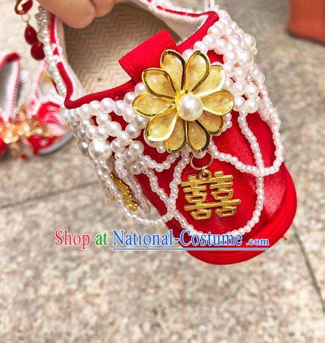 Chinese Traditional Wedding Red Embroidered Shoes Cloth Shoes Hanfu Shoes Ancient Princess Pearls Bow Shoes for Women