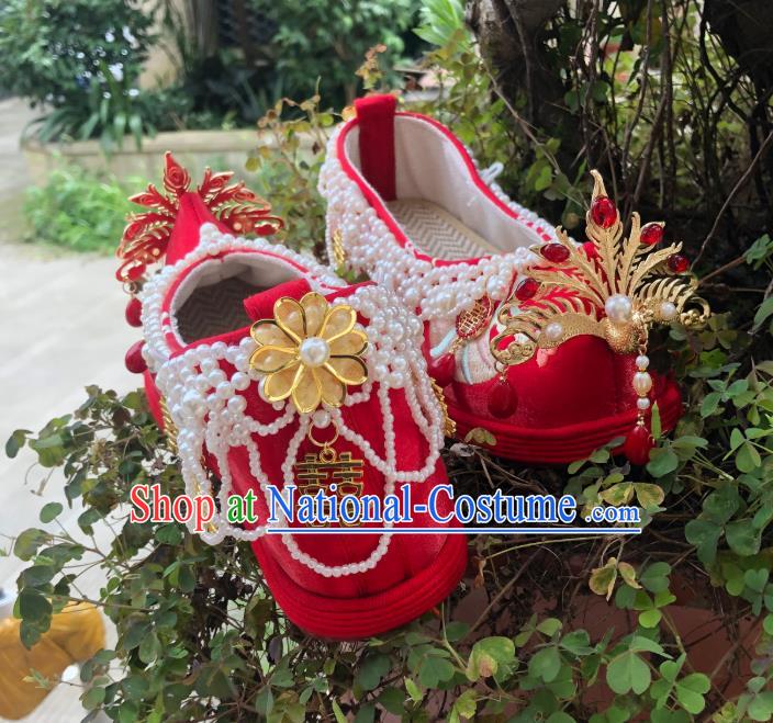 Chinese Traditional Wedding Red Embroidered Shoes Cloth Shoes Hanfu Shoes Ancient Princess Pearls Bow Shoes for Women