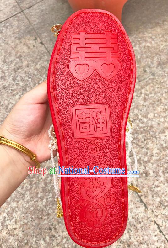 Chinese Traditional Wedding Red Embroidered Shoes Cloth Shoes Hanfu Shoes Ancient Princess Pearls Bow Shoes for Women