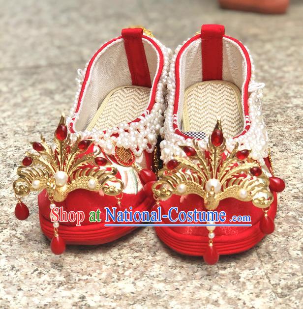 Chinese Traditional Wedding Red Embroidered Shoes Cloth Shoes Hanfu Shoes Ancient Princess Pearls Bow Shoes for Women