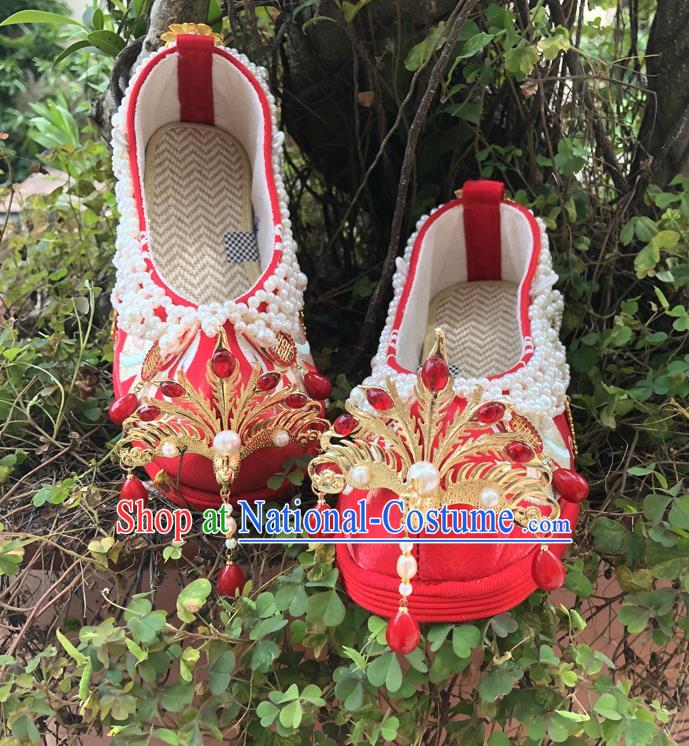 Chinese Traditional Wedding Red Embroidered Shoes Cloth Shoes Hanfu Shoes Ancient Princess Pearls Bow Shoes for Women