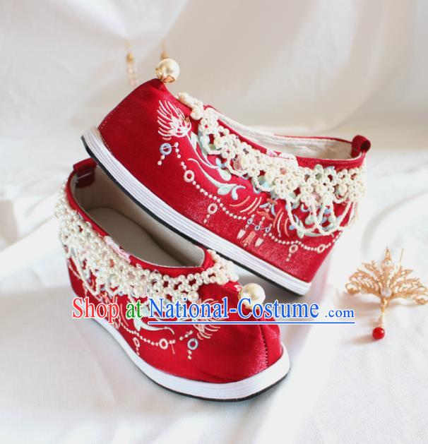 Chinese Traditional Wedding Embroidered Platform Shoes Red Cloth Shoes Hanfu Shoes Ancient Bride Pearls Shoes for Women