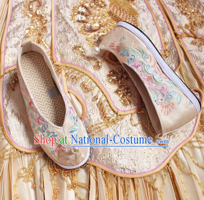 Chinese Traditional Embroidered Shoes Handmade Cloth Shoes Hanfu Shoes Ancient Princess Pearls Become Warped Head Shoes for Women