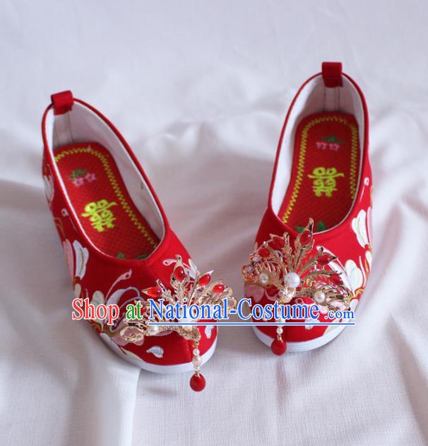 Chinese Traditional Handmade Wedding Red Satin Shoes Women Hanfu Shoes Ancient Princess Phoenix Head Shoes Embroidered Shoes