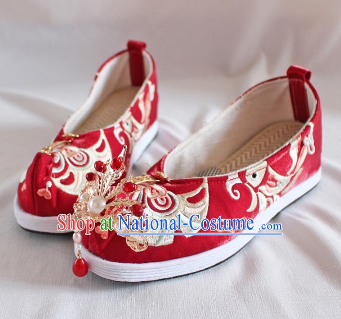 Chinese Traditional Handmade Wedding Red Satin Shoes Women Hanfu Shoes Ancient Princess Phoenix Head Shoes Embroidered Shoes