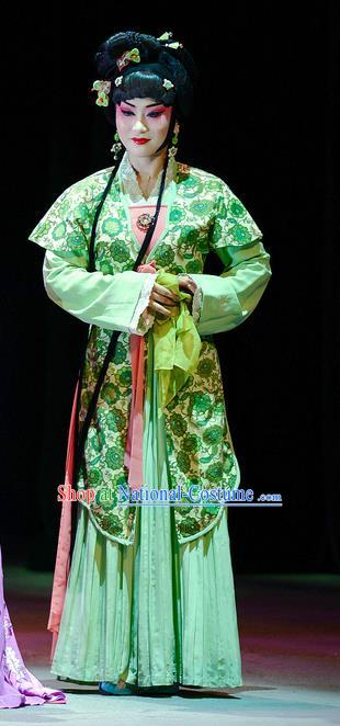 Chinese Han Opera Young Female Garment Jin Lian Costumes and Headdress Traditional Hubei Hanchu Opera Actress Apparels Green Dress