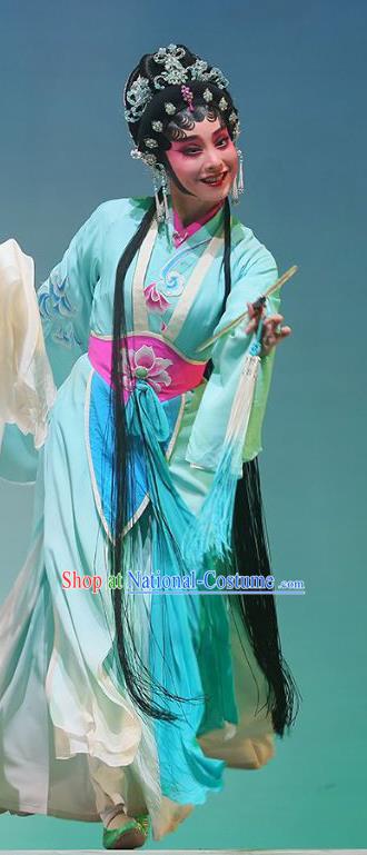 Chinese Cantonese Opera Xiaodan Xiao Qing Garment The Fairy Tale of White Snake Costumes and Headdress Traditional Guangdong Opera Young Lady Apparels Blue Dress