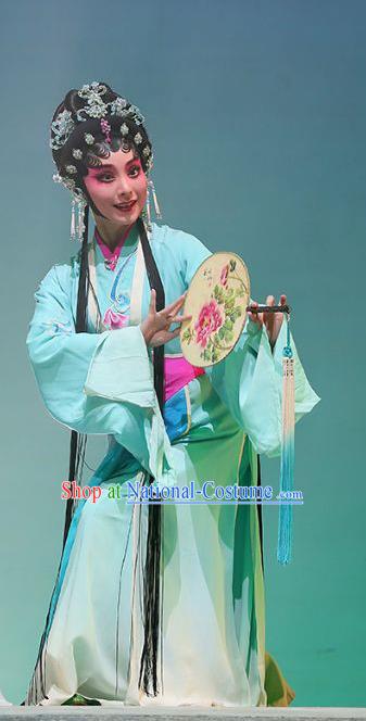 Chinese Cantonese Opera Xiaodan Xiao Qing Garment The Fairy Tale of White Snake Costumes and Headdress Traditional Guangdong Opera Young Lady Apparels Blue Dress