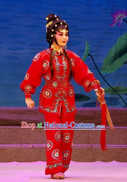 Chinese Cantonese Opera Wudan Red Garment Qian Tang Su Xiaoxiao Costumes and Headdress Traditional Guangdong Opera Xiaodan Apparels Martial Female Xiao Pan Dress