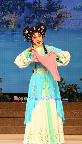 Chinese Cantonese Opera Xiaodan A Xiu Garment Legend of Lun Wenxu Costumes and Headdress Traditional Guangdong Opera Servant Girl Apparels Young Lady Dress