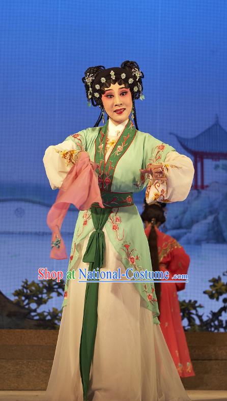 Chinese Cantonese Opera Young Lady A Xiu Garment Legend of Lun Wenxu Costumes and Headdress Traditional Guangdong Opera Xiaodan Apparels Servant Girl Dress