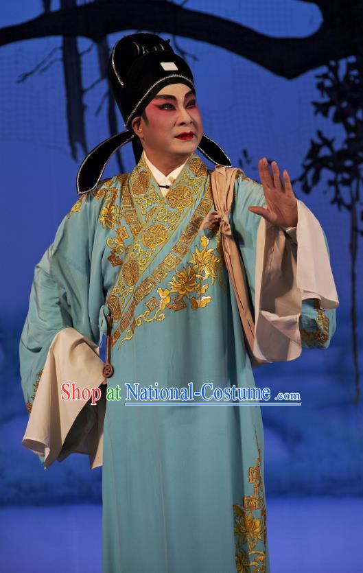 Legend of Lun Wenxu Chinese Guangdong Opera Xiaosheng Apparels Costumes and Headpieces Traditional Cantonese Opera Niche Garment Scholar Blue Clothing